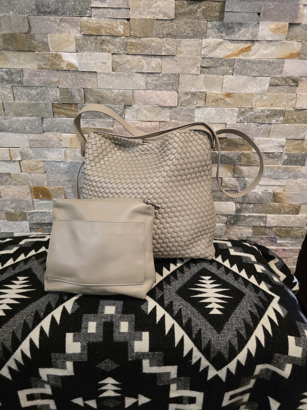 Edith Woven Shoulder Bag with Removable Pouch - Beige